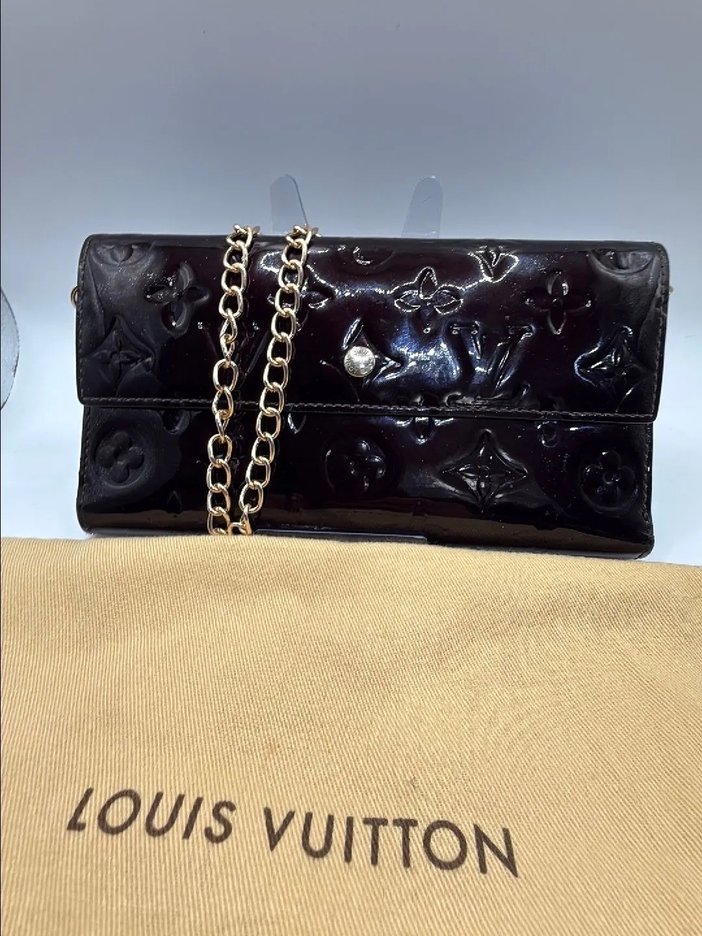 Authentic Louis Vuitton Amarante Vernis Patent Leather Chain Clutch With COA
